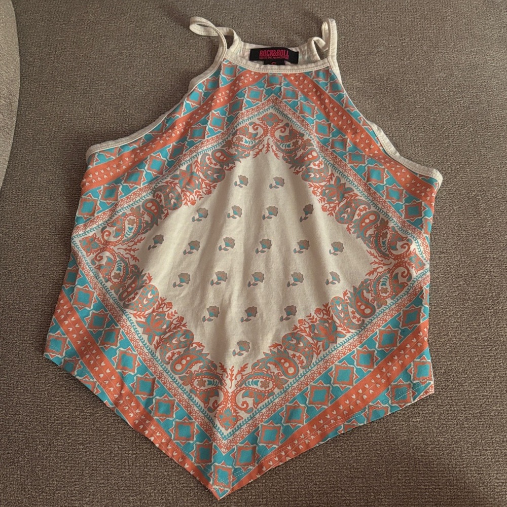 Paisley Print Tank Top with Orange and Blue Accents